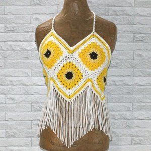 HAND CRAFTED Crop Top Sunflower Crochet Fringe Granny Square Yellow Various